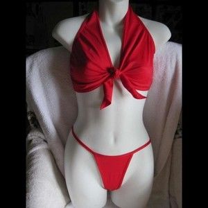 Zuliana Red 2 Piece Sexy Thong Panty Tie Front Top Dancer Outfit Swim Cover Ups